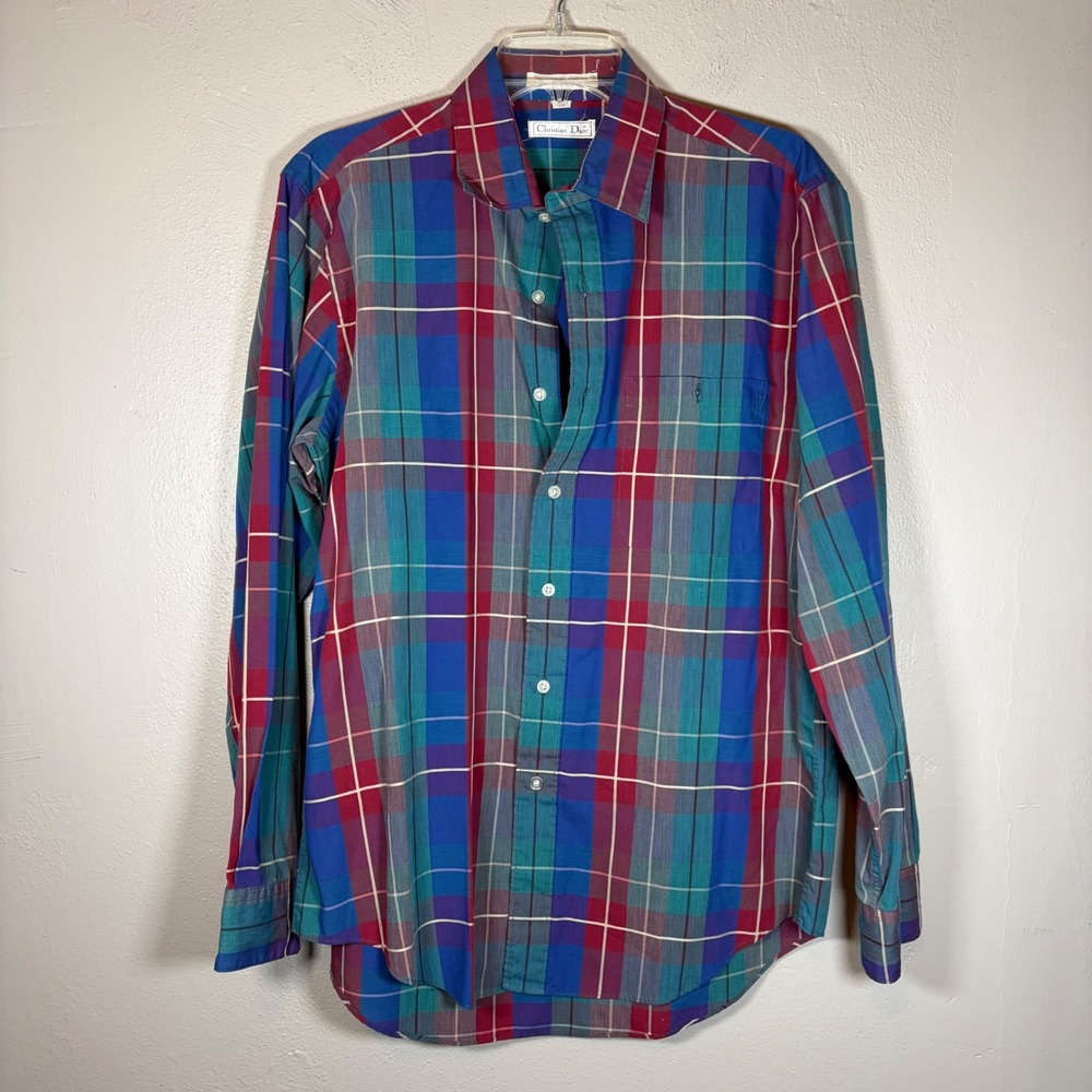 Christian Dior Mens Plaid Button Down Shirt Long Sleeve Multi Color Size L